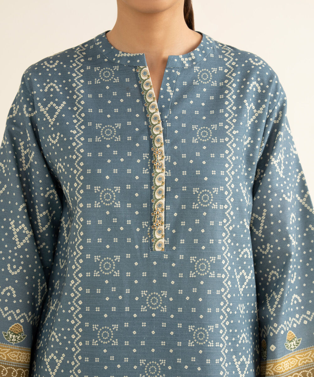 Women's Unstitched Khaddar Printed Blue 3 Piece Suit
