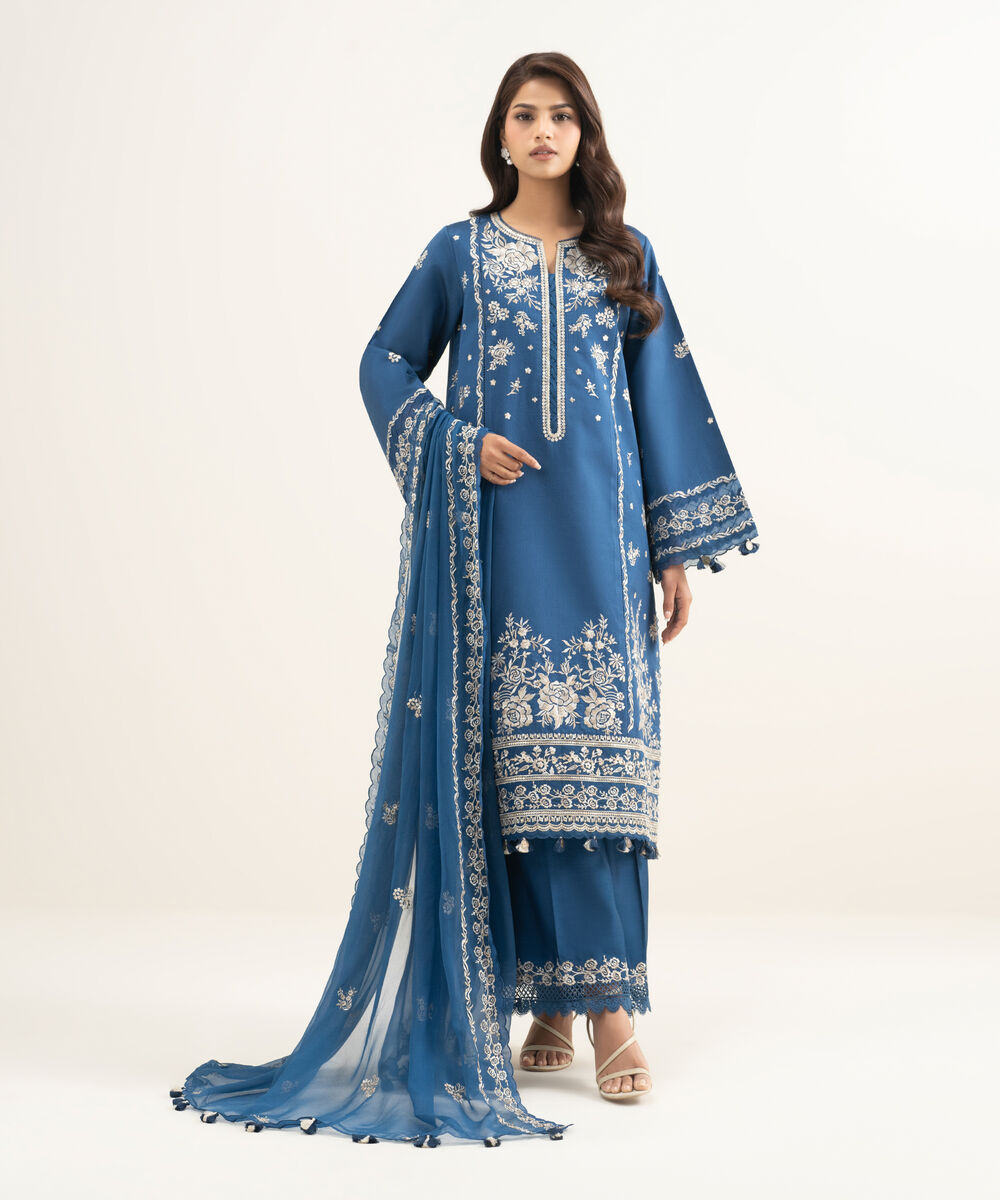 Women's Unstitched Cotton Net Embroidered Blue 3 Piece Suit