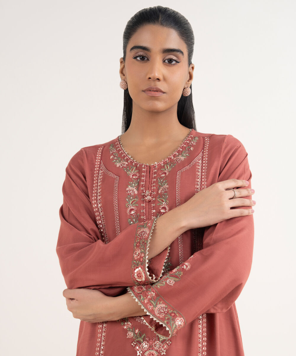 Women's RTW Viscose Raw Silk Pink Embroidered A-Line Shirt