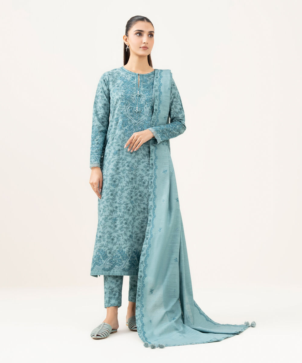 Women's Unstitched Cotton Embroidered Blue 3 Piece Suit