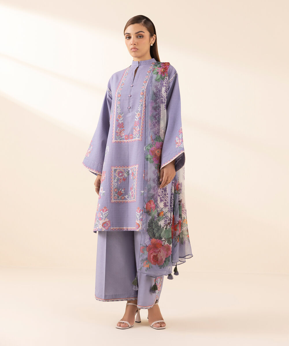 Women's Unstitched Dobby Embroidered Purple 3 Piece Suit