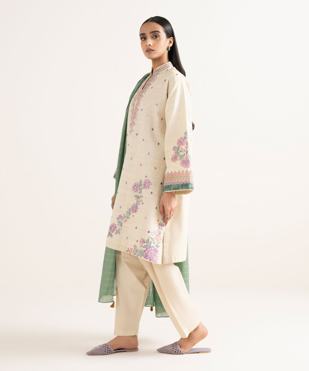 Women's Unstitched Cotton Embroidered Off White 3 Piece Suit