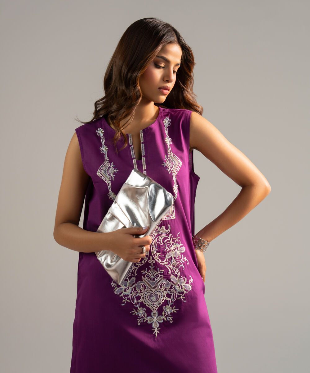 Women's RTW Crosshatch Embroidered Purple Straight Shirt