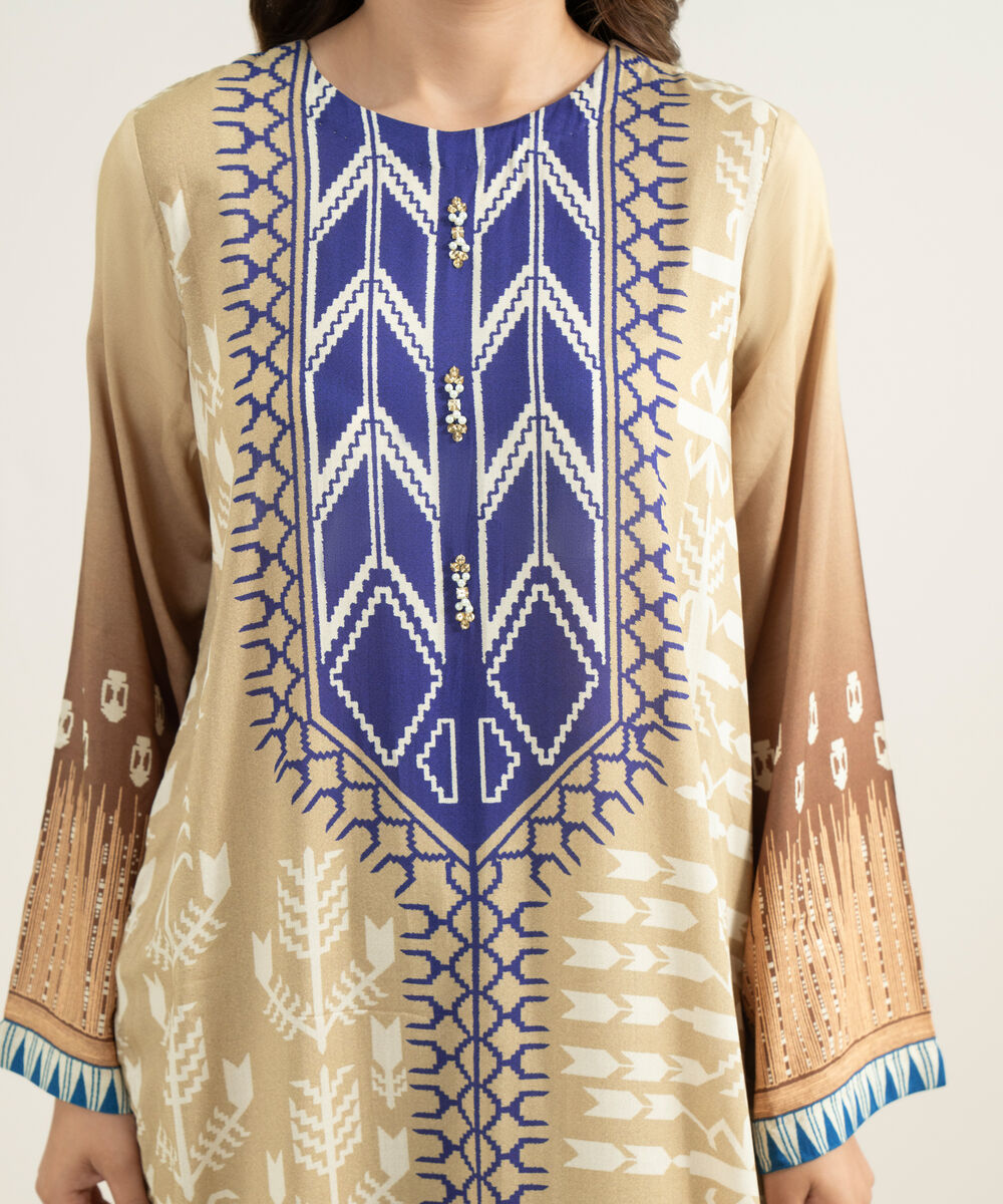 Women's RTW Viscose Raw Silk Printed Beige 3 Piece Suit