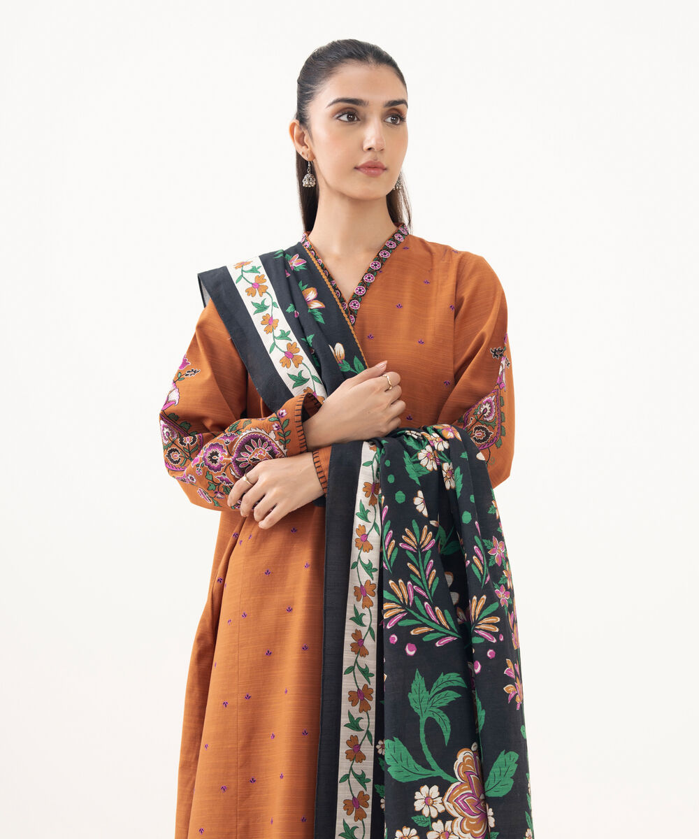 Women's Unstitched Cotton Embroidered Orange 3 Piece Suit