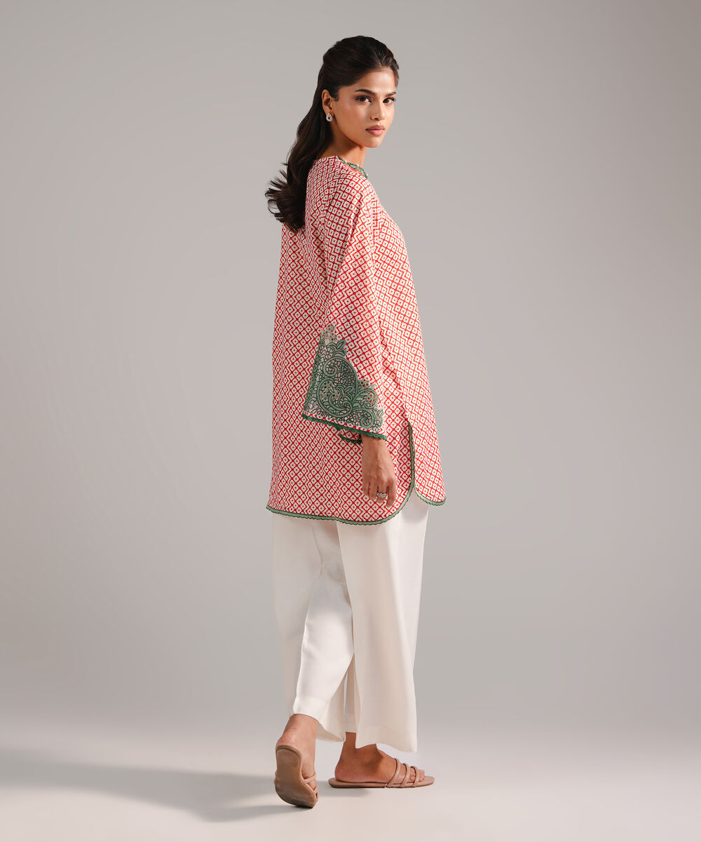 Women's RTW Lawn Embroidered Red Straight Shirt