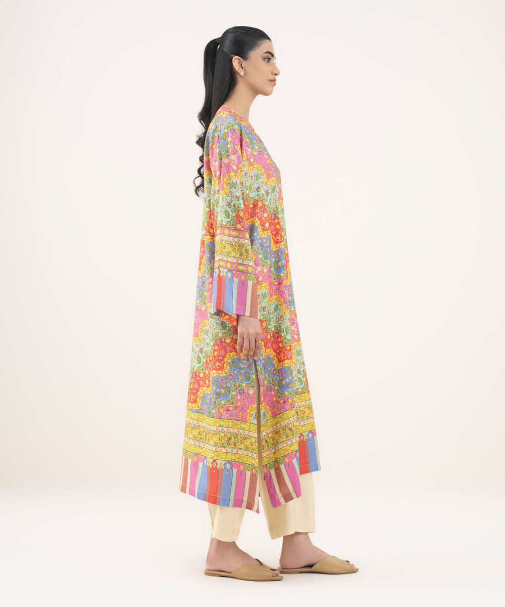 Women's RTW Viscose Linen Multi Printed Drop Shoulder Shirt