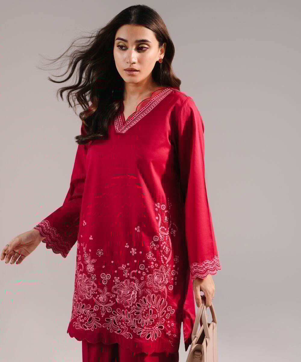 Women's RTW Crosshatch Embroidered Maroon Straight Shirt