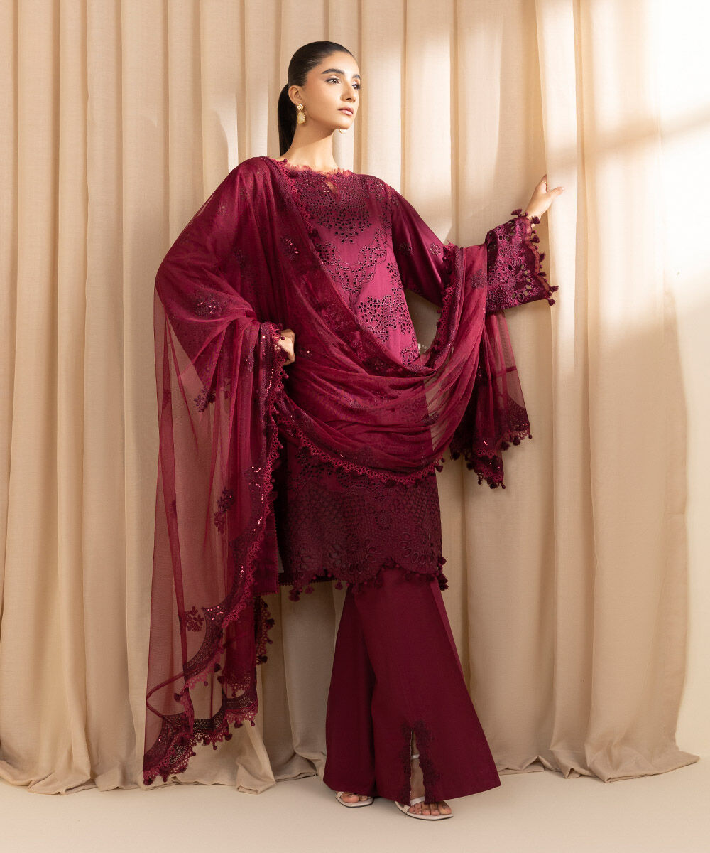 Unstitched Women's Embroidered Fine Cotton Satin Red Three Piece Suit