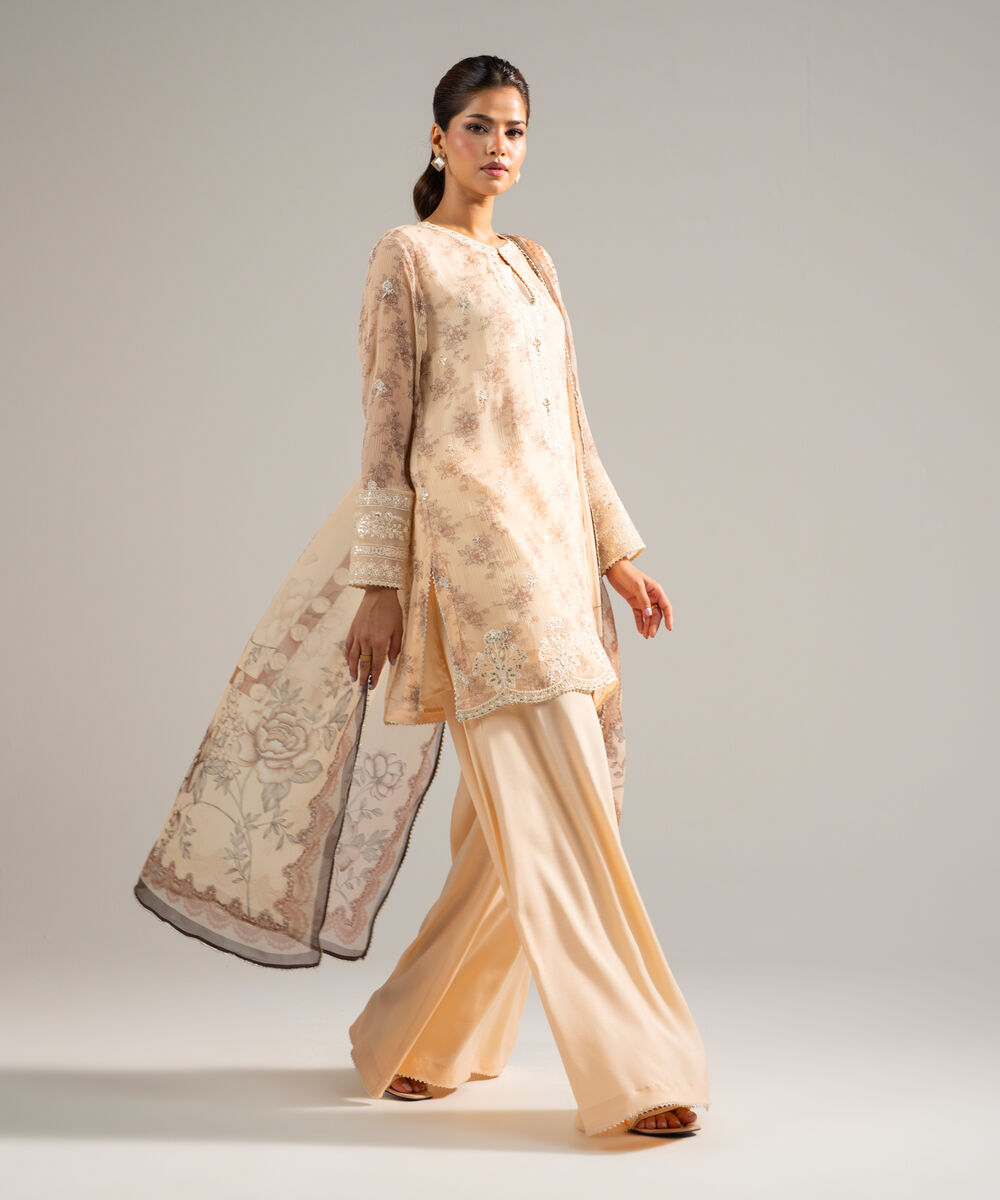 Women's RTW Chiffon Embroidered Peach 3 Piece Suit