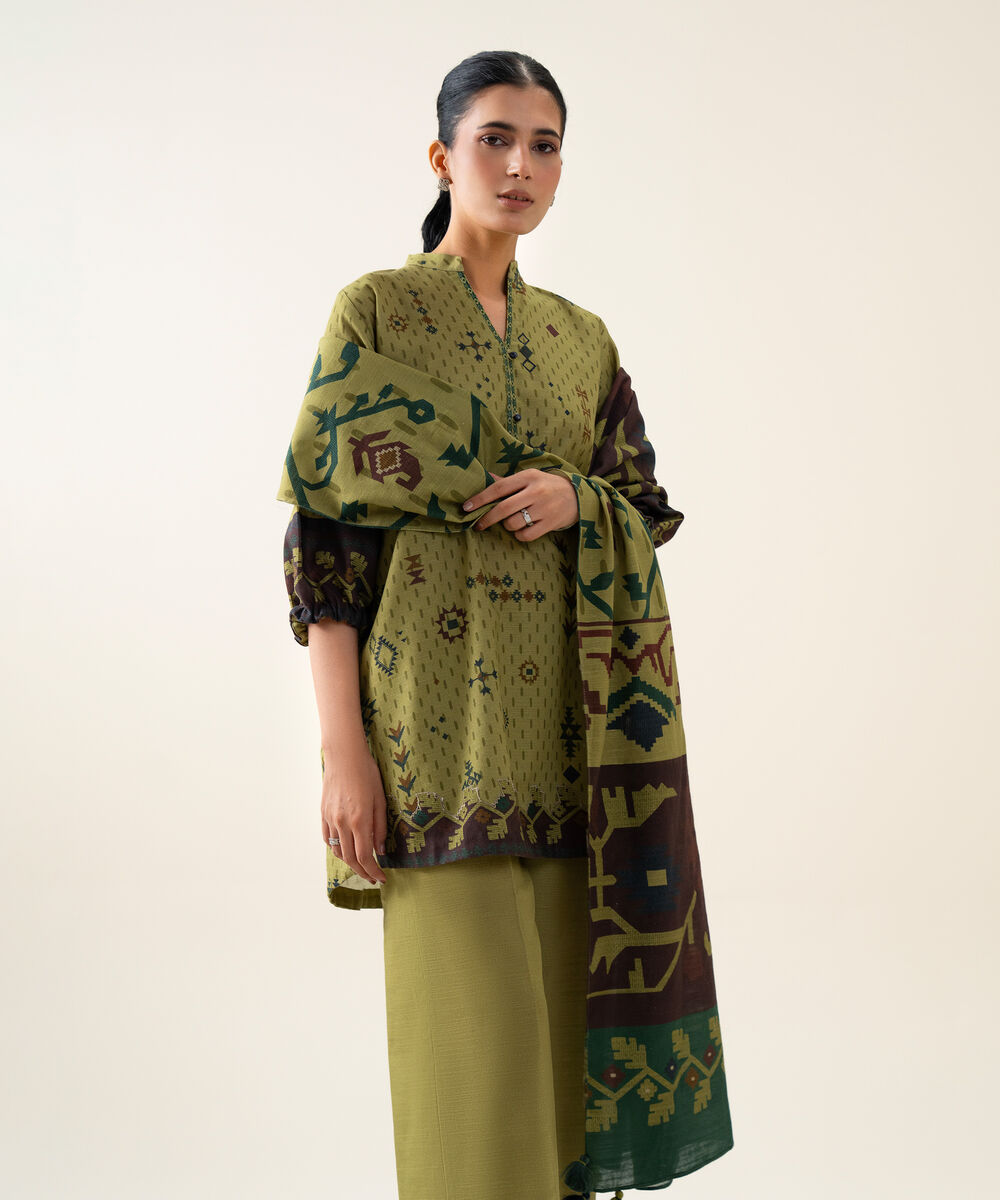 Womens Unstitched Premium Khaddar Printed Green 3 Piece Suit