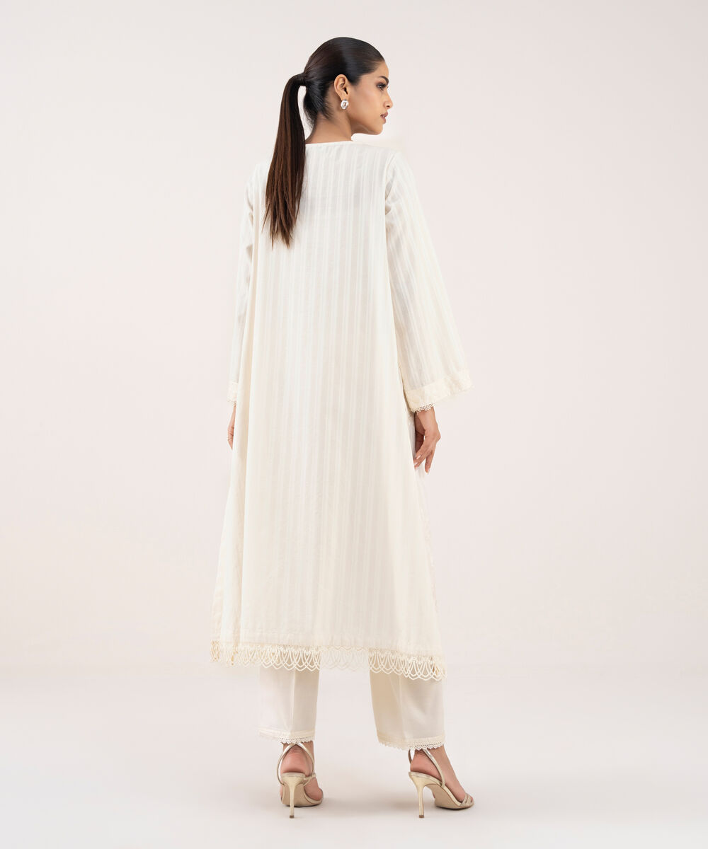 Women's RTW Textured Lawn Off White Embroidered A-Line Shirt