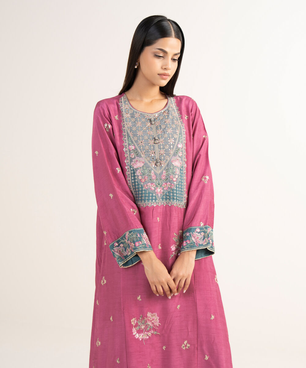 Women's RTW Raw Silk Pink Embroidered 2 Piece Suit