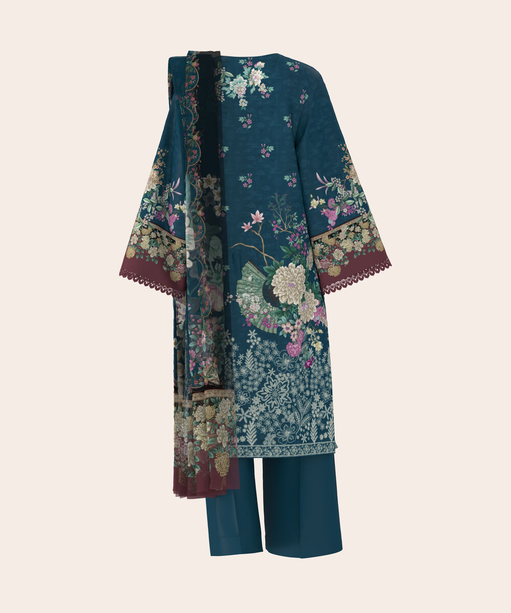 Women's Unstitched Lawn Teal Embroidered 3 Piece Suit