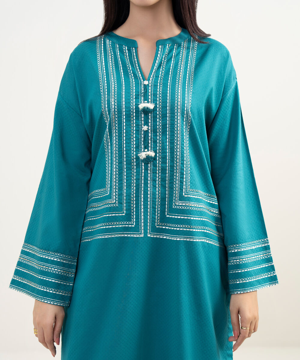 Women's RTW Dobby Embroidered Green Drop Shoulder Shirt