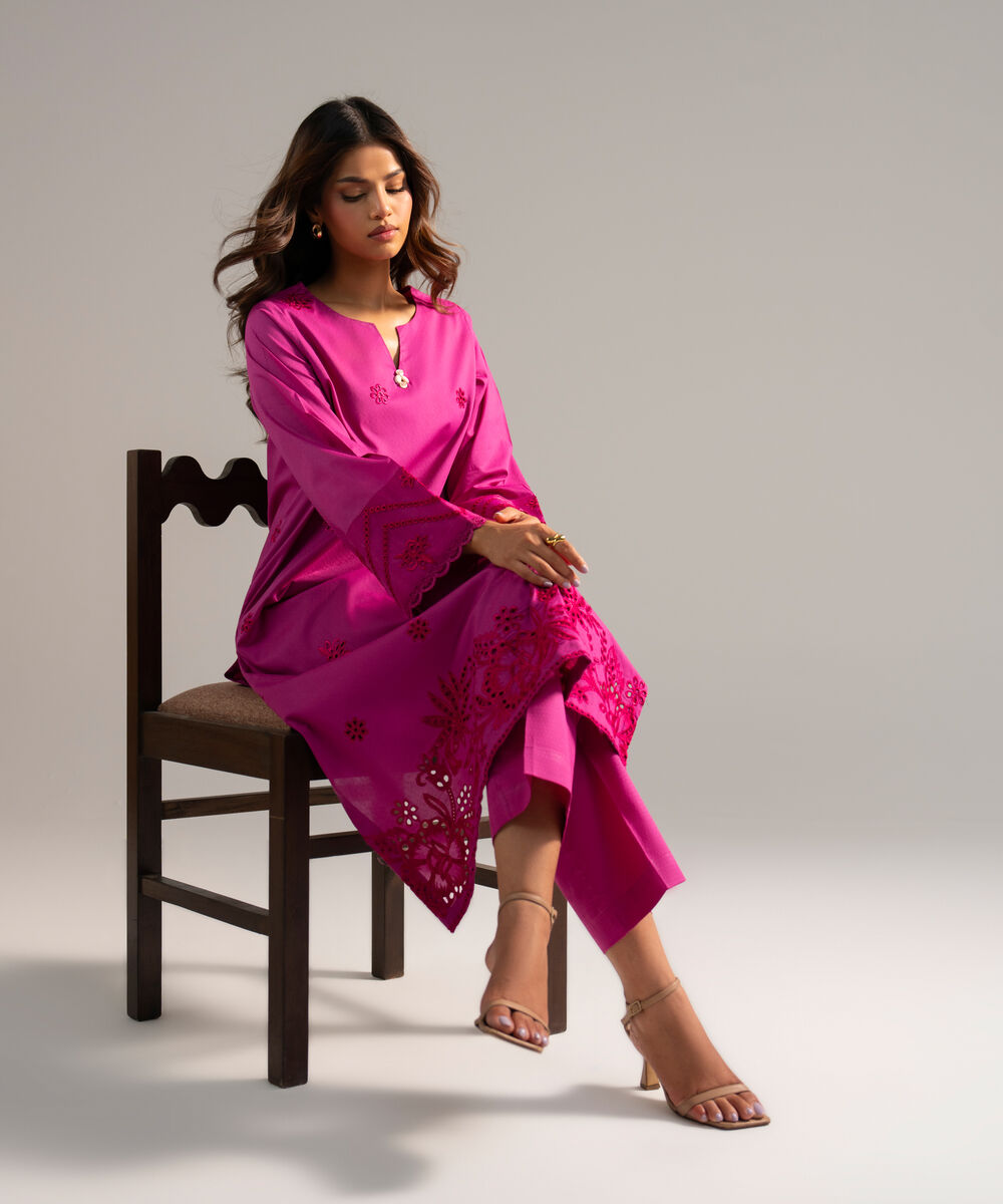 Women's RTW Dobby Embroidered Pink 2 Piece Suit