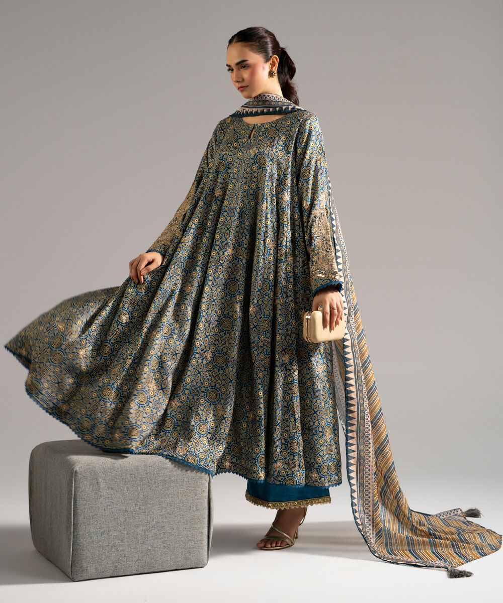 Women's RTW Raw Silk Embroidered Blue 3 Piece Suit