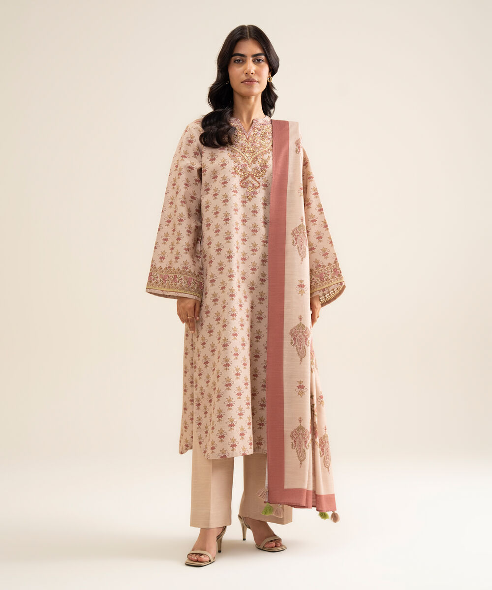Women's Unstitched Cotton Embroidered Beige 3 Piece Suit