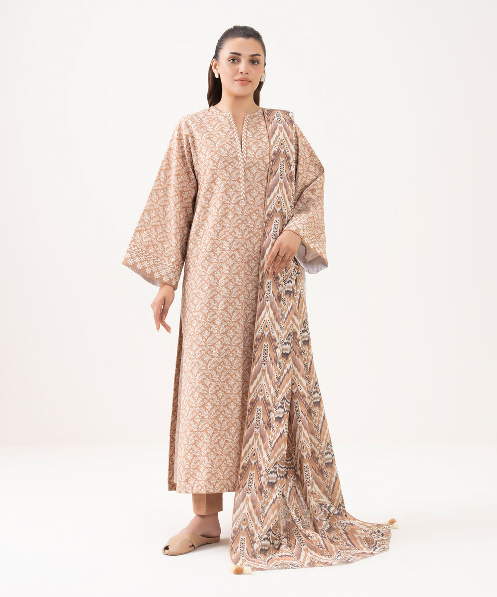 Women's Unstitched Khaddar Printed Beige 3 Piece Suit