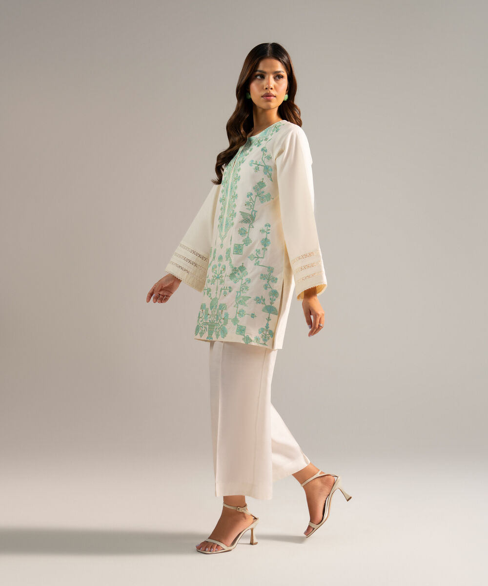 Women's RTW Poplin Embroidered Off White Straight Shirt
