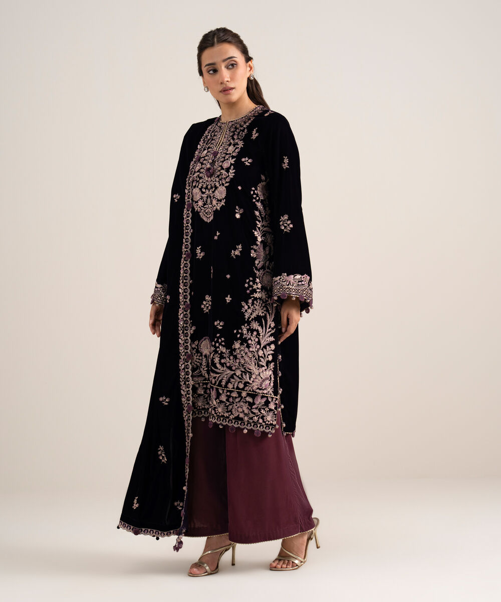 Women's Unstitched Embroidered Velvet Purple 3 Piece Suit