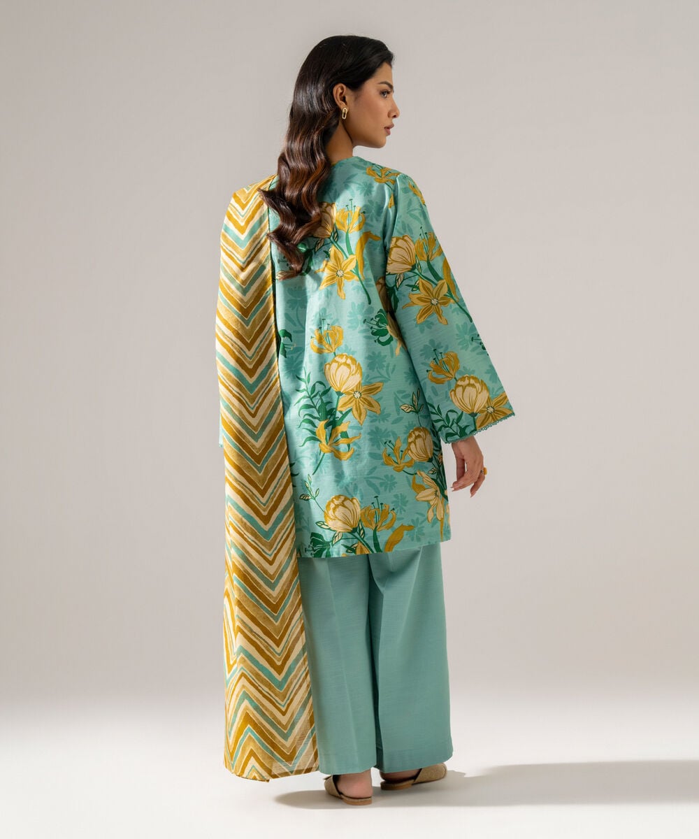 Women's RTW Khaddar Printed Seafoam Green 3 Piece Suit