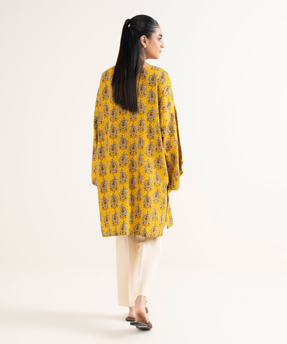 Women's RTW Textured Viscose Printed Drop Shoulder Yellow Shirt