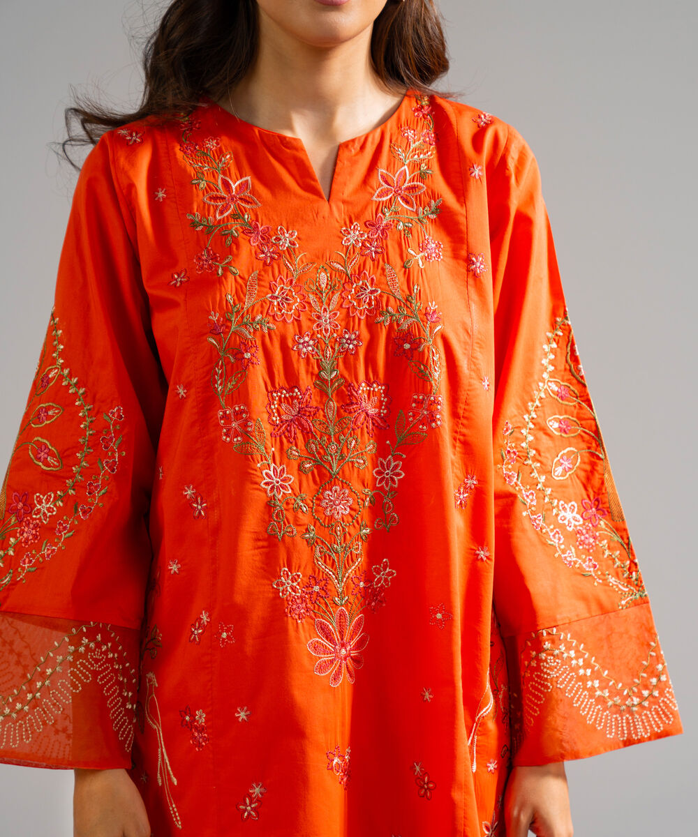 Women's RTW Lawn Embroidered Orange 2 Piece Suit