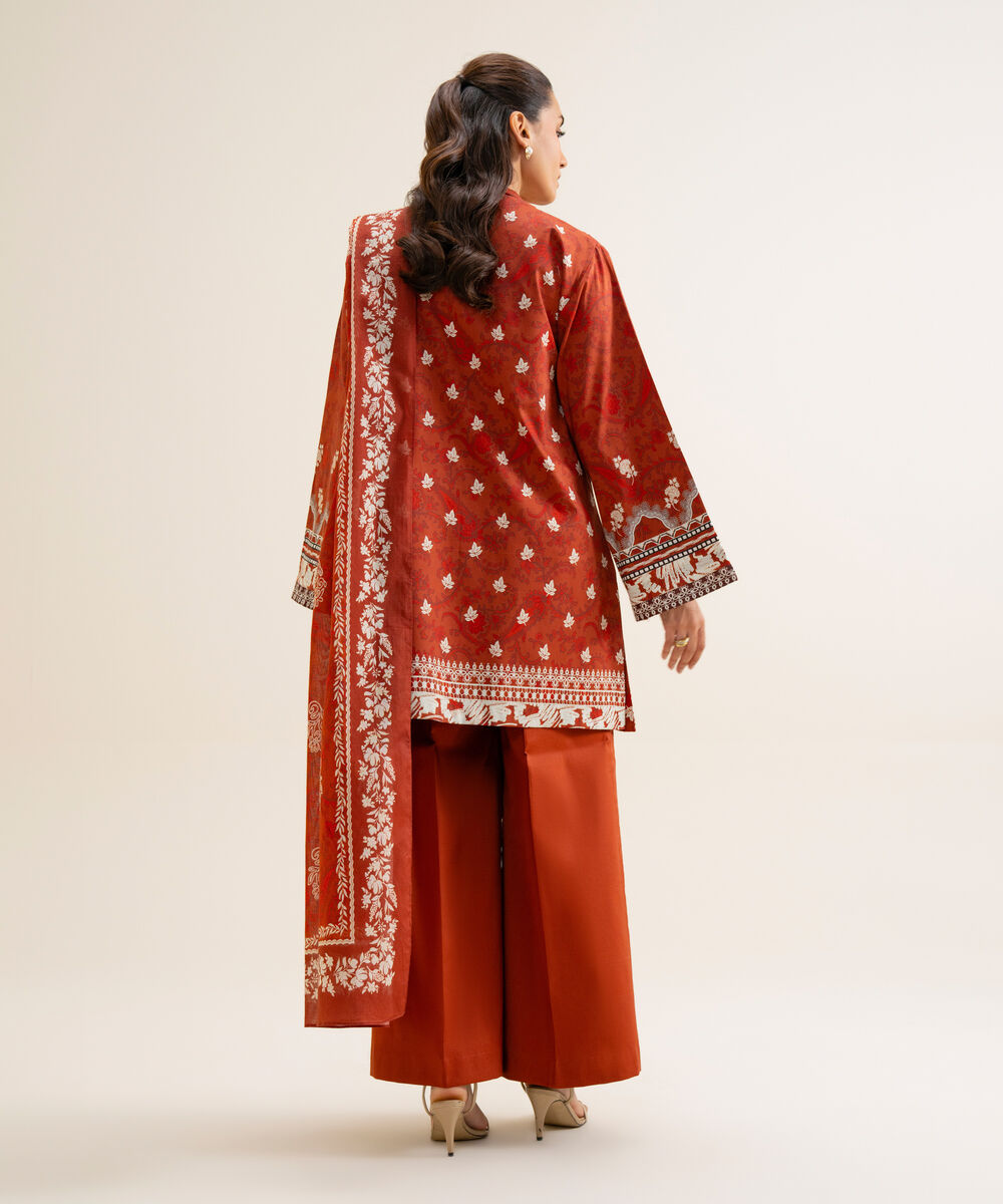 Women's Unstitched Cotton Viscose Printed Rust 3 Piece Suit