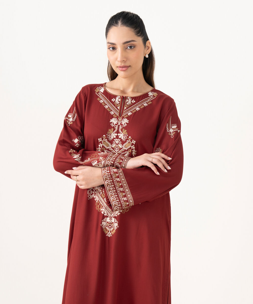 Women's RTW Bedford  Embroidered Maroon Straight Shirt