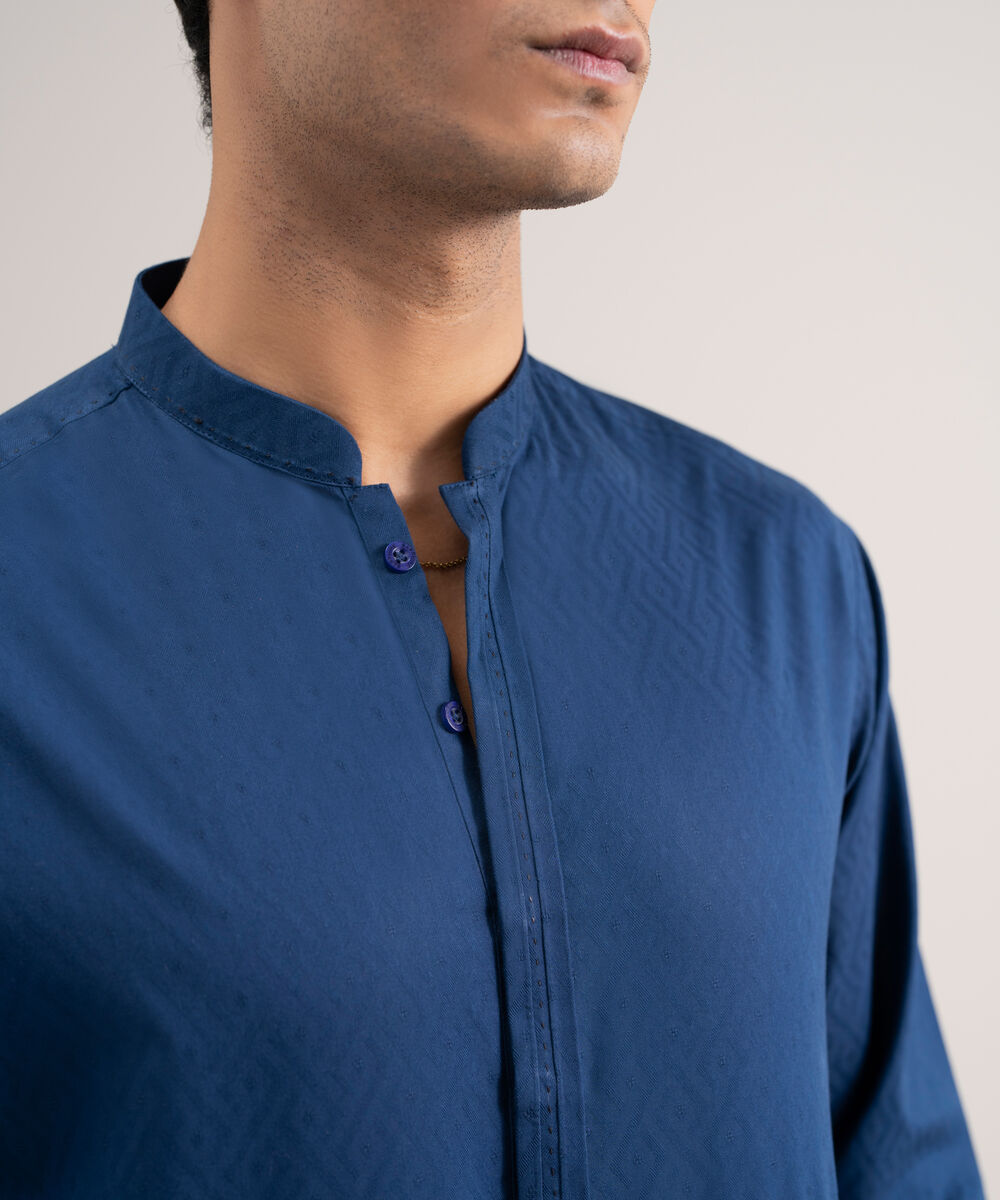 Men's Stitched Cotton Jacquard Royal Blue Kurta