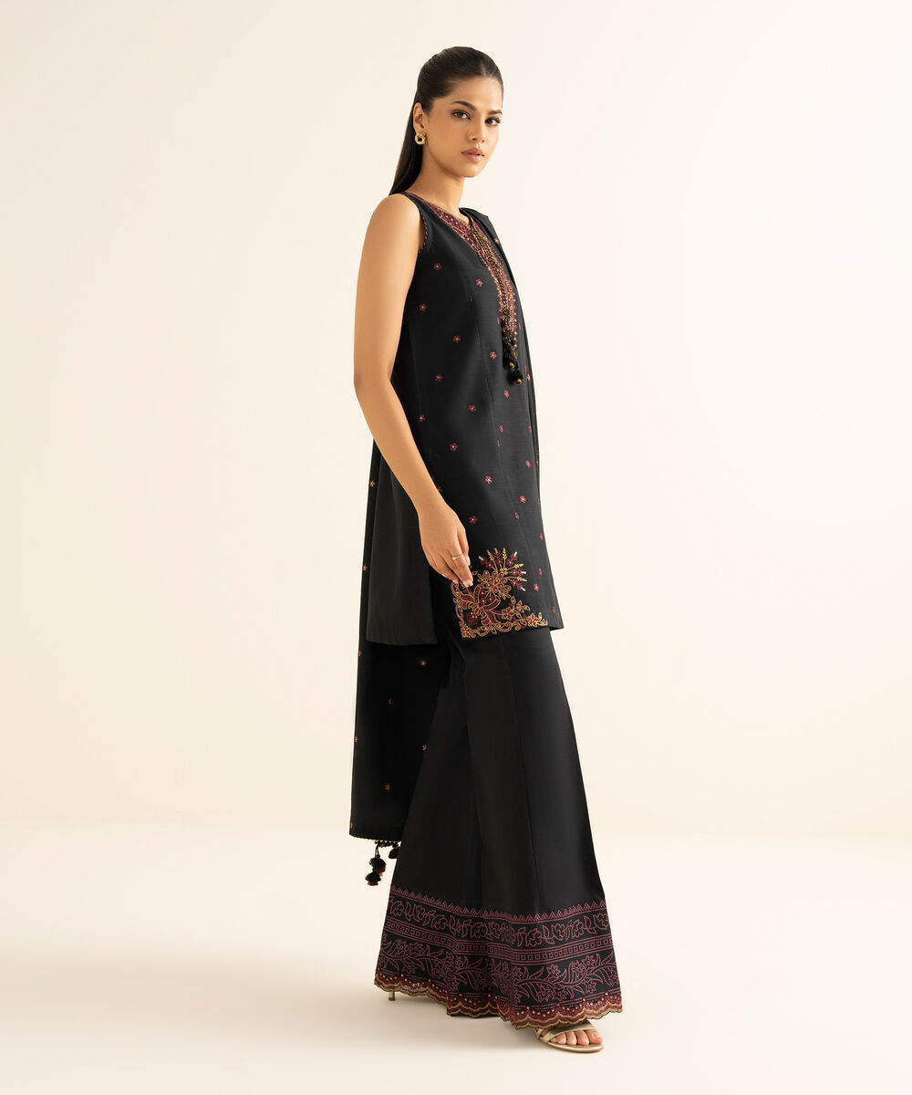 Women's Unstitched Cotton Embroidered Black 3 Piece Suit