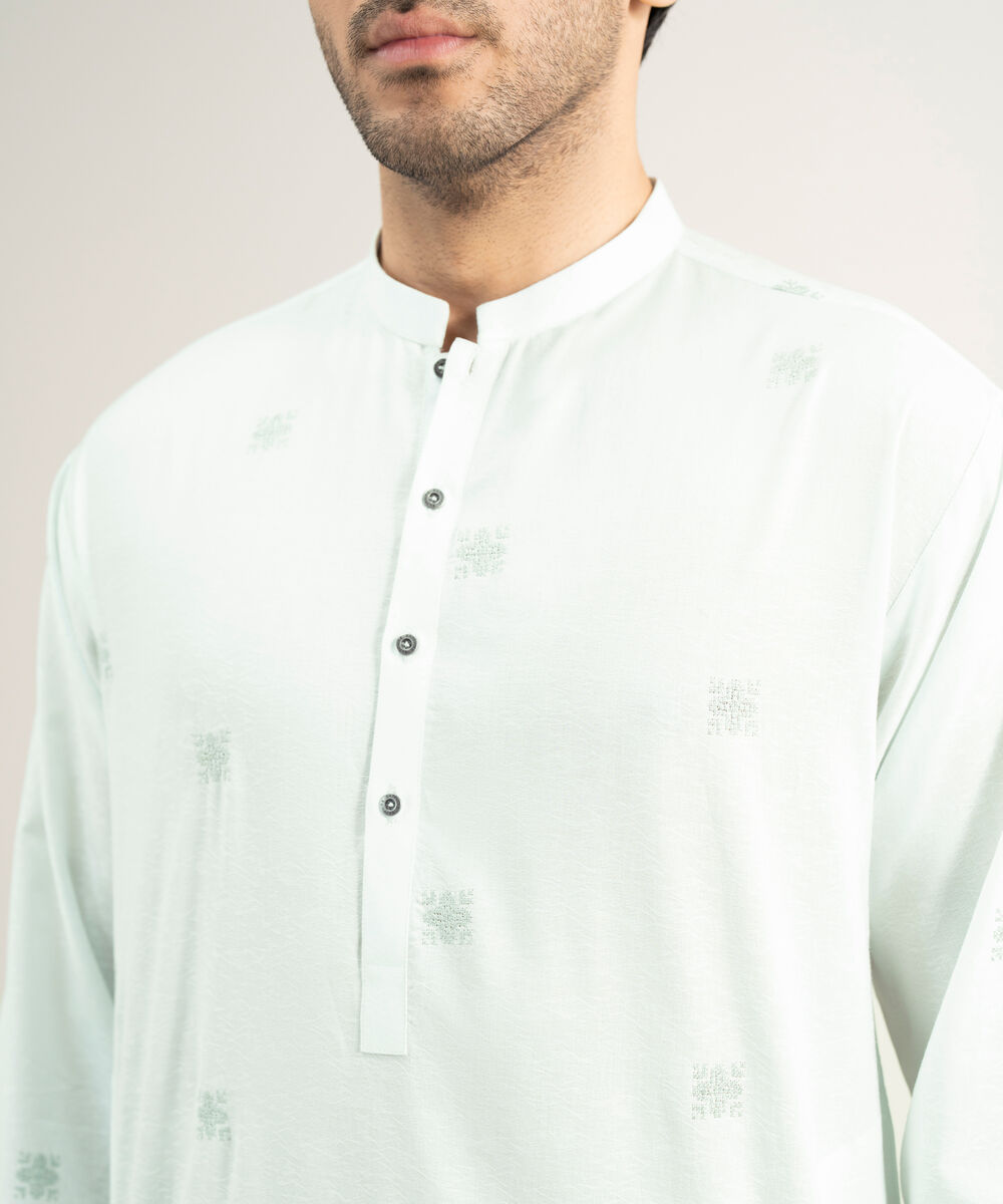 Men's Stitched Cotton Jacquard Mint Kurta