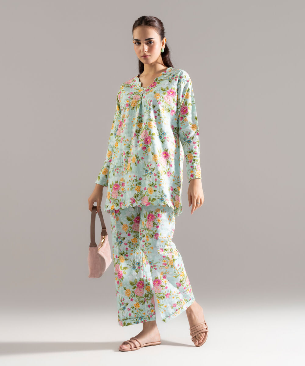 Women's RTW Seersucker Printed Turquoise Straight Shirt