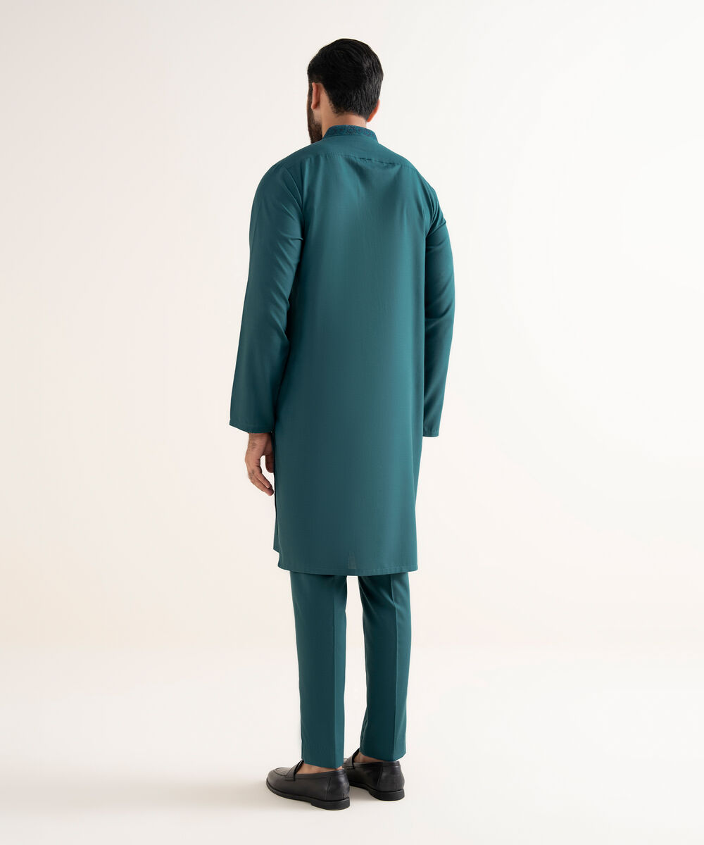 Men's Textured Wash & Wear Embroidered Blue Kurta Trouser