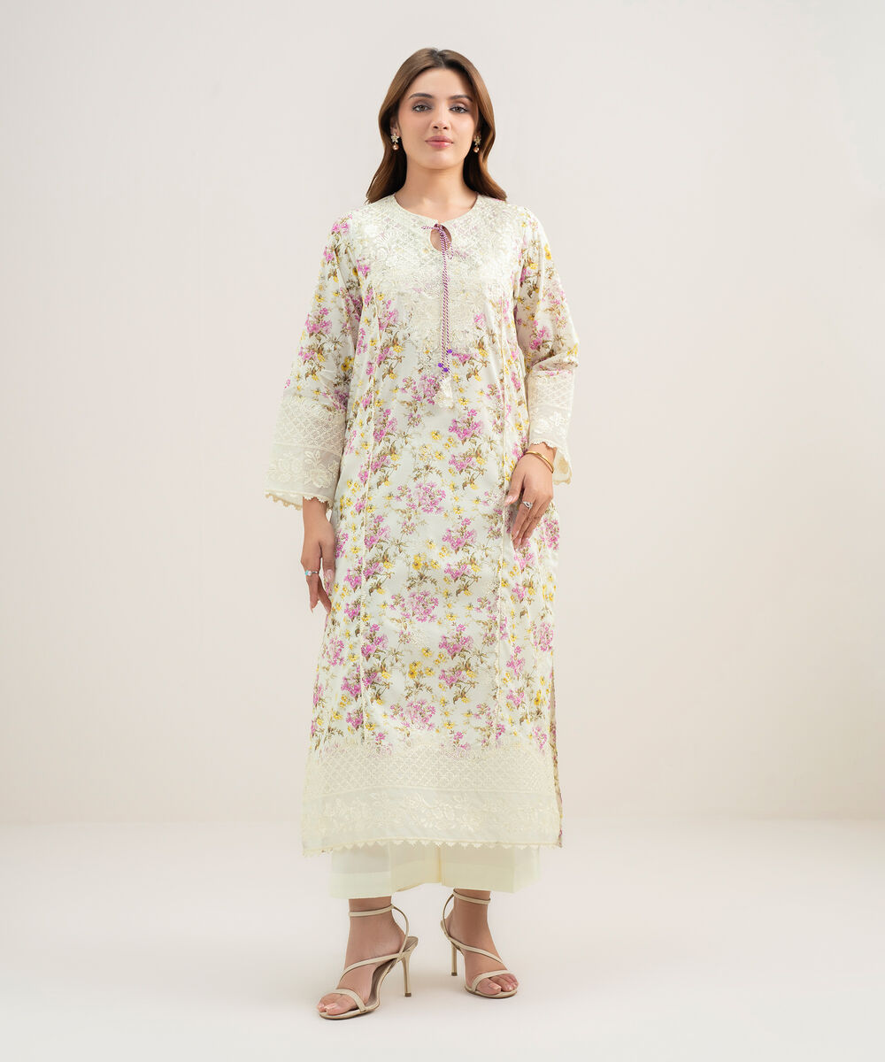 Women's RTW Lawn Embroidered Off White A-Line Shirt