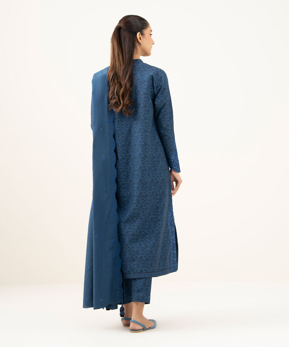 Women's Unstitched Textured Cotton Embroidered Blue  3 Piece Suit