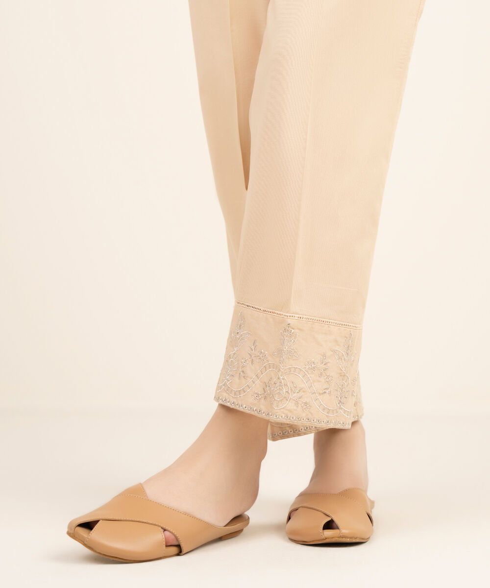 Women's RTW Cambric Embroidered Off White Straight Pants