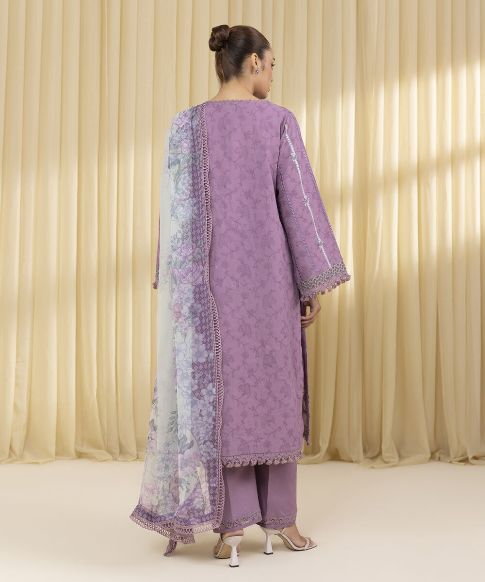Unstitched Women's Purple Cotton Jacquard 3 Piece Suit