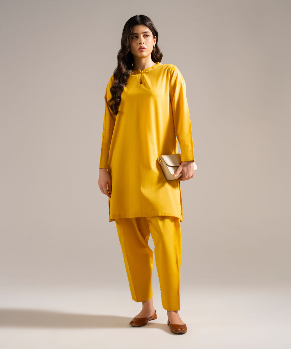 Women's RTW Dobby Solid Yellow Straight Shirt