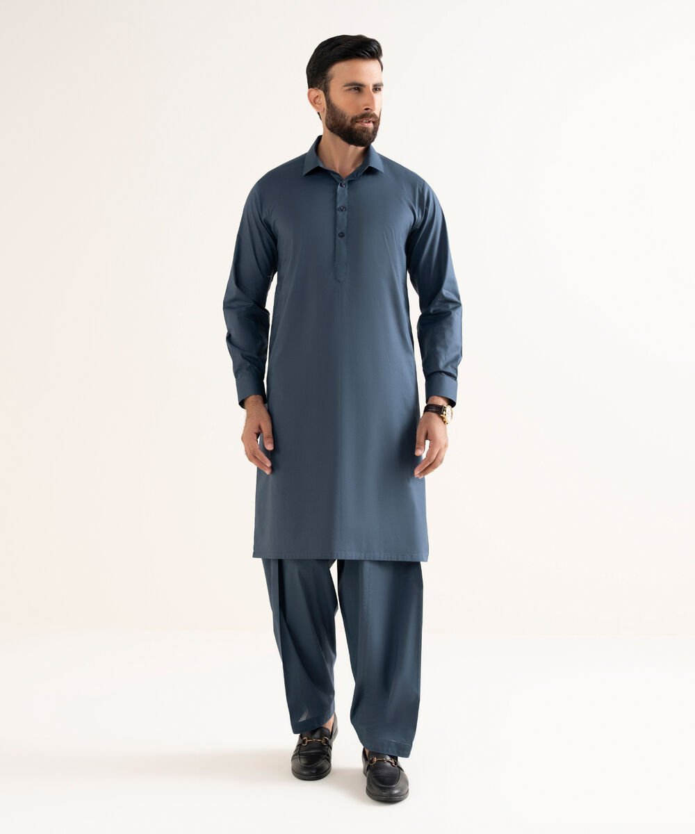 Men's 100% Cotton Plain Blue Kameez Shalwar
