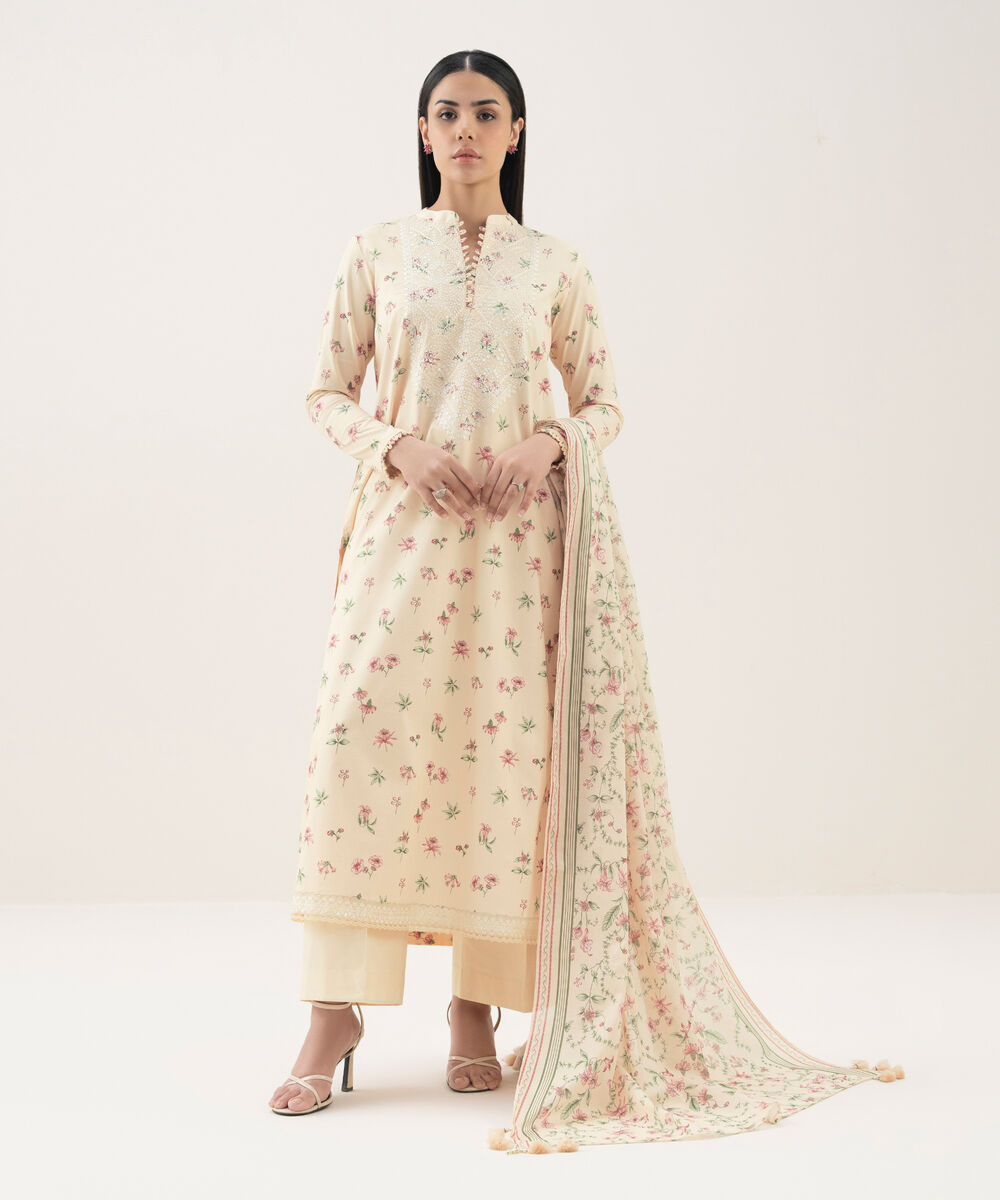 Women's Unstitched Lawn Embroidered Off White 3 Piece Suit