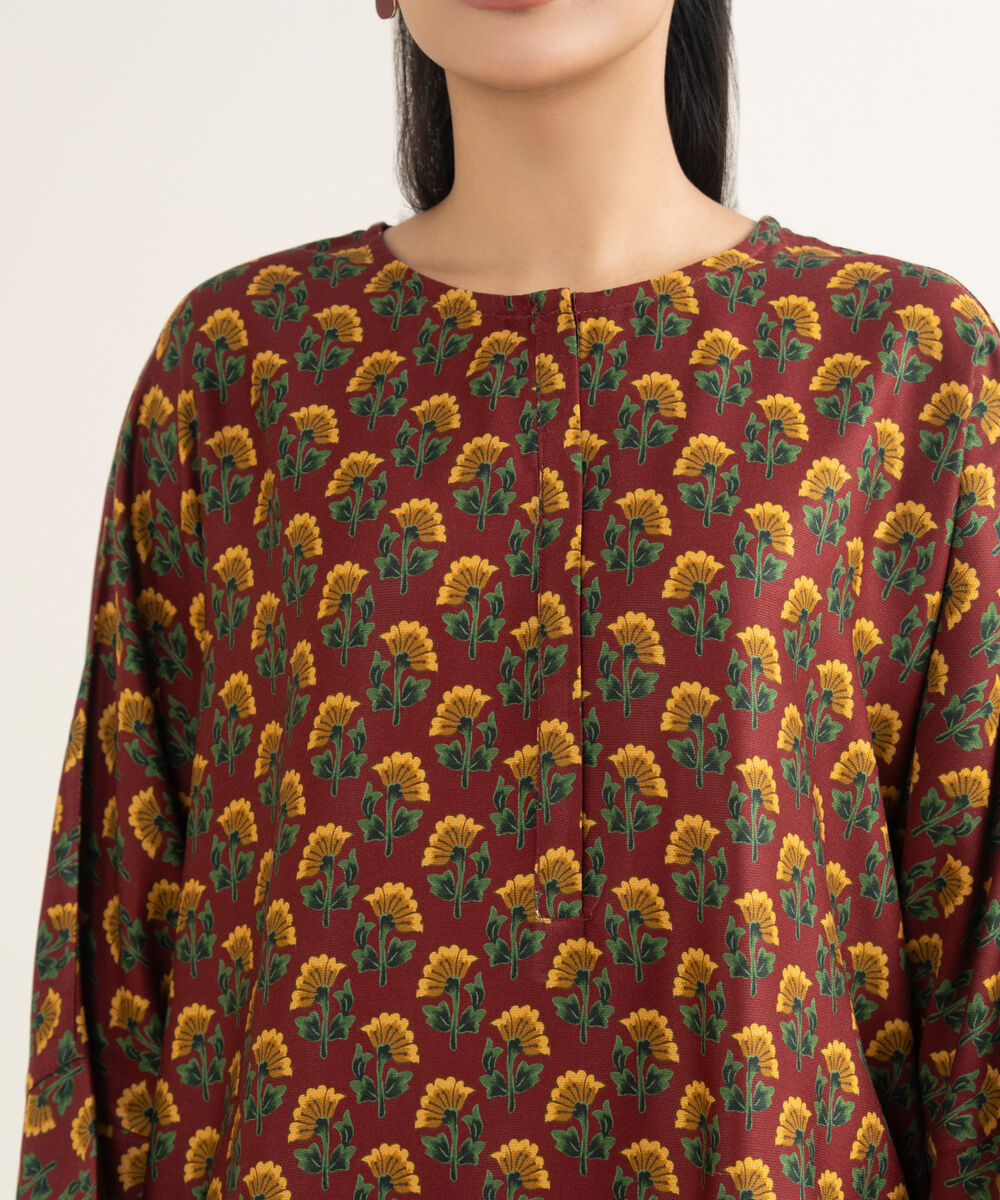 Women's RTW Bedford Printed Maroon Boxy Shirt