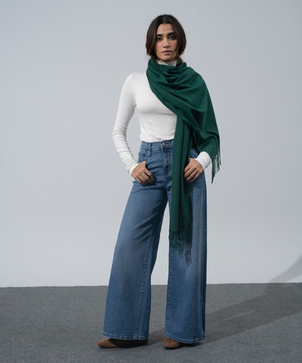 Women's Western Wear Forest Green Polyester Solid Woolen Scarf