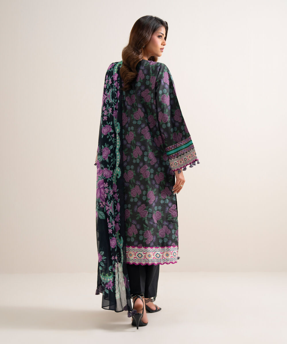 Women's Unstitched Zari Cotton Embroidered Black 3 Piece Suit