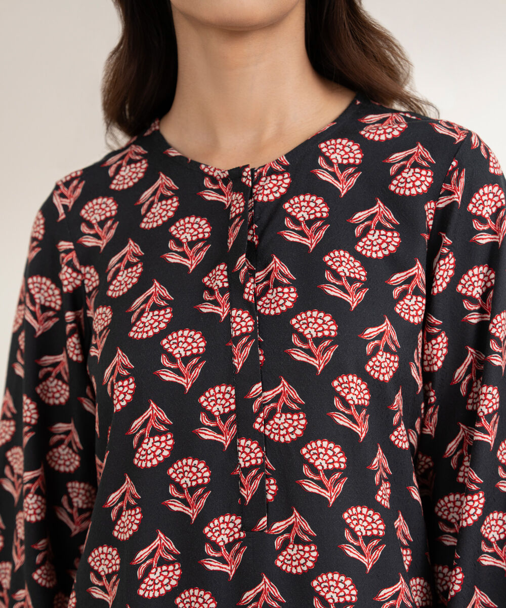 Women's RTW Arabic Dobby Printed Straight Black Shirt