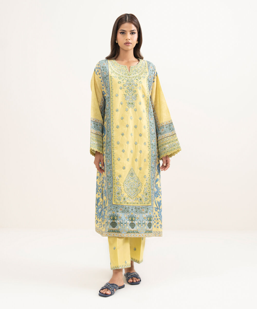Women's RTW Zari Cotton Embroidered Yellow A-Line Shirt