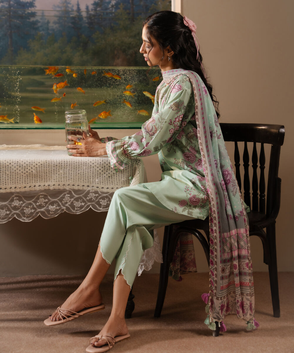 Women's Unstitched Lawn Printed Green 3 Piece Suit