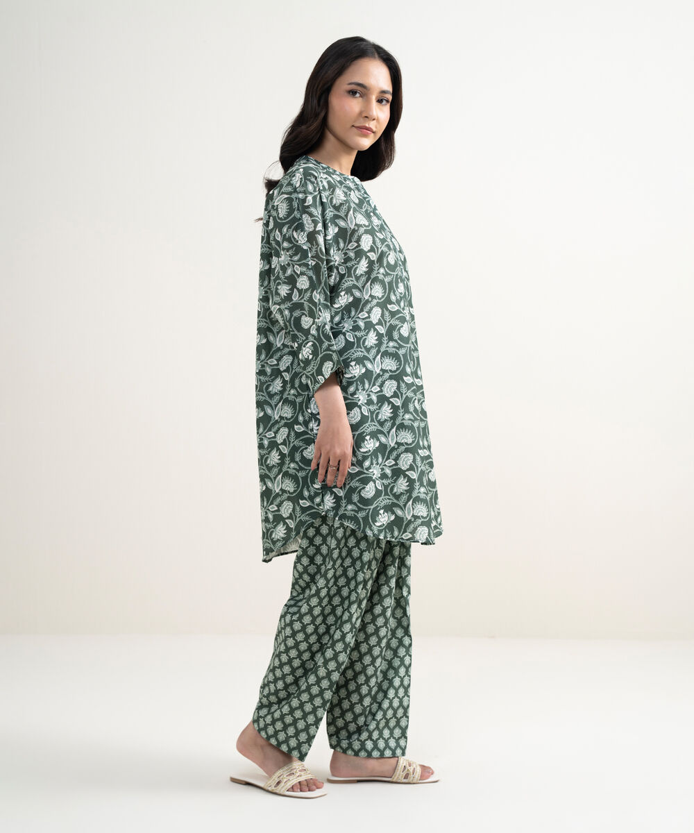 Women's RTW Lawn Printed Green Drop Shoulder Shirt