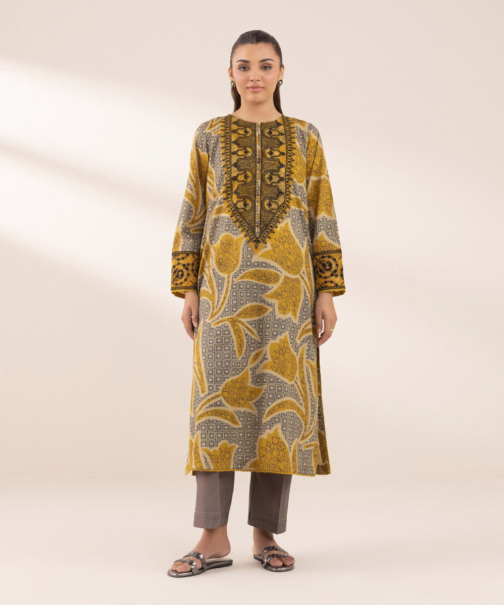 Women's RTW Textured Lawn Multi Embroidered A-Line Shirt